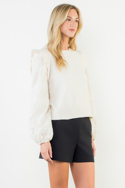 THML CREAM TEXTURED KNITTED SWEATER CONTRAST SLEEVES