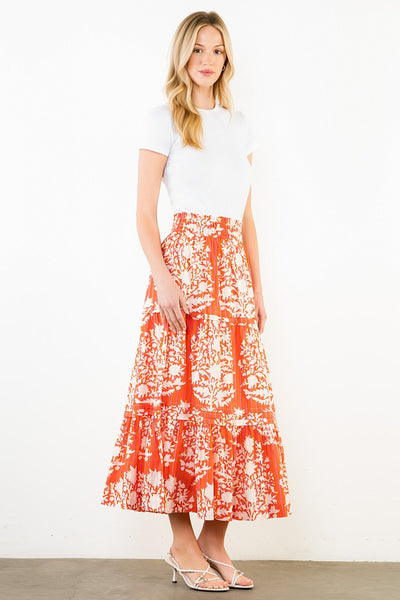 THML ORANGE RED PINK CREAM STRIPED FLORAL SKIRT