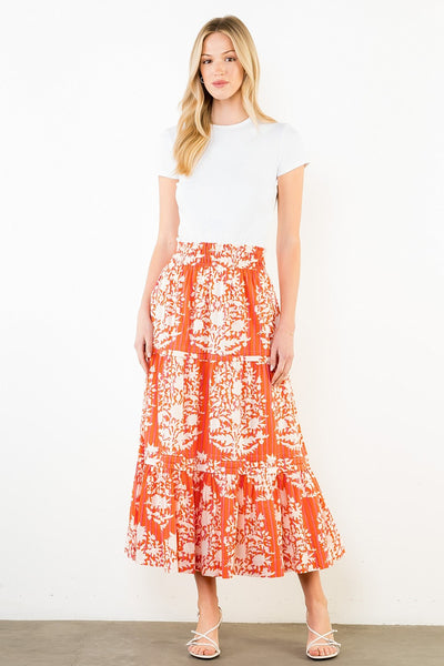 THML ORANGE RED PINK CREAM STRIPED FLORAL SKIRT