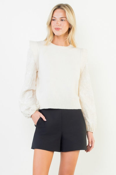 THML CREAM TEXTURED KNITTED SWEATER CONTRAST SLEEVES