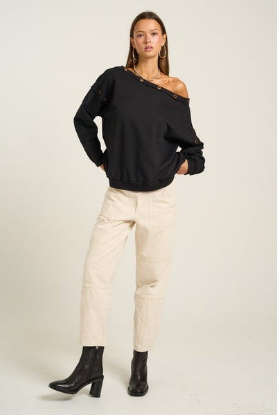 BLACK OFF SHOULDER SWEATSHIRT GROMMET DETAIL