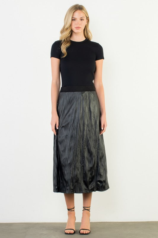 THML BLACK FAUX LEATHER PLEATED CRINKLE SKIRT