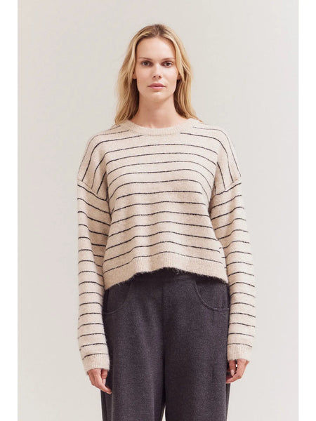 OATMEAL STRIPED DROP SHOULDER SWEATER