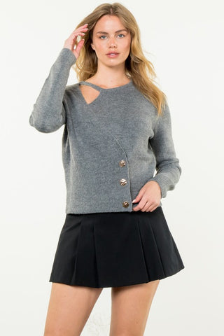 THML HEATHER GREY SIDE WRAP KNIT SWEATER