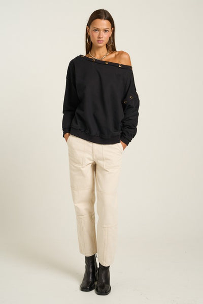 BLACK OFF SHOULDER SWEATSHIRT GROMMET DETAIL