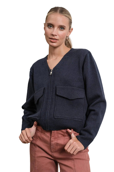 NAVY UTILITY POCKET KNIT ZIP CARDIGAN JACKET