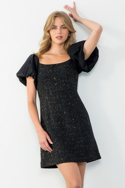 THML BLACK TWEED DRESS WITH CONTRAST PUFF SLEEVES