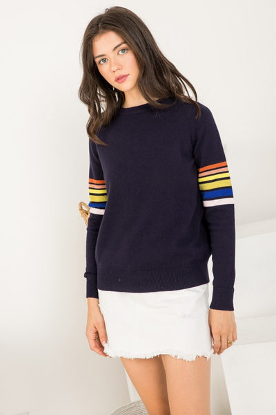 THML NAVY MULTI STRIPE SLEEVE SWEATER