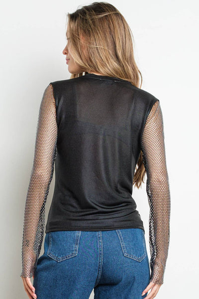 METALLIC CRYSTAL COATED MESH LONG SLEEVE TOP