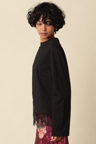 ODETTE BLACK ASYMMETRIC LACE TRIM TOP