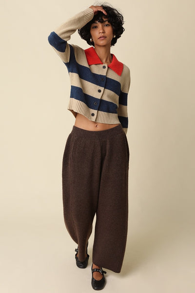 OLIVACEOUS CONTRAST COLLAR STRIPE CARDIGAN