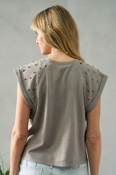 GREY SLEEVELESS TOP WITH METAL STUD DETAIL