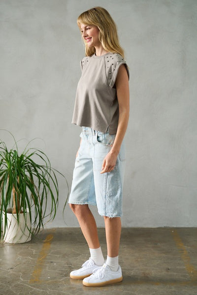 GREY SLEEVELESS TOP WITH METAL STUD DETAIL