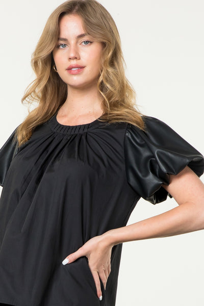 THML POPPY BLACK FAUX LEATHER PUFF SLEEVE TOP