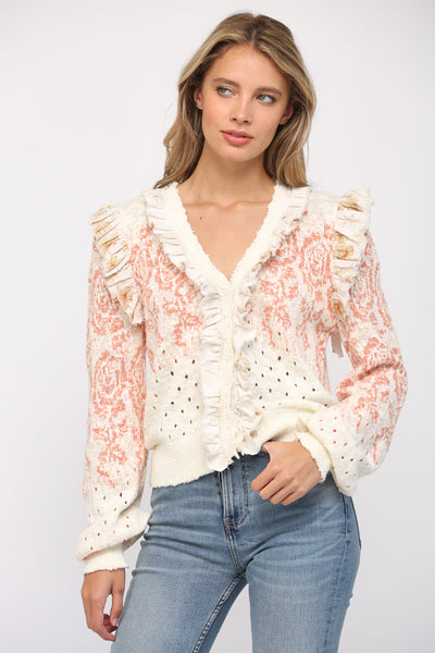 FATE RUFFLE TRIMMED BUTTON CARDIGAN IVORY CORAL