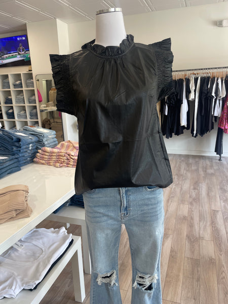 THML RUFFLE SLEEVE FAUX LEATHER TOP BLACK FINAL SALE