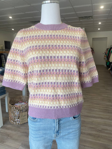 THML LILAC CREAM TAN SHORT SLEEVE KNIT SWEATER TOP