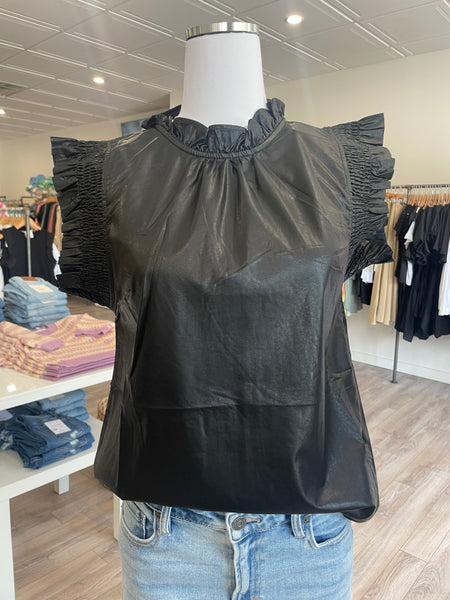 THML RUFFLE SLEEVE FAUX LEATHER TOP BLACK FINAL SALE