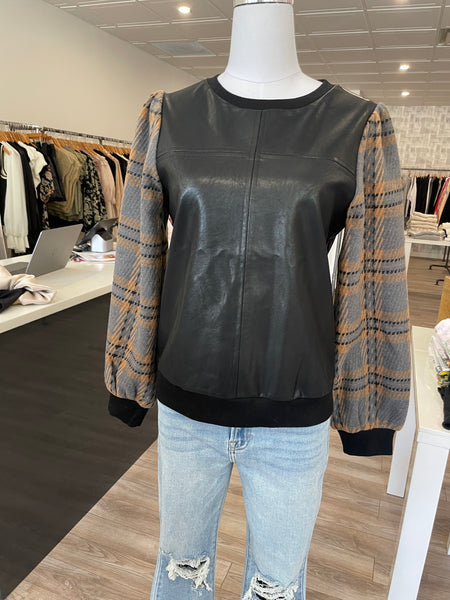 THML BLACK FAUX LEATHER TOP WITH CONTRAST PLAID SLEEVES FINAL SALE