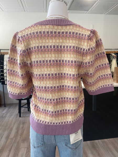 THML LILAC CREAM TAN SHORT SLEEVE KNIT SWEATER TOP