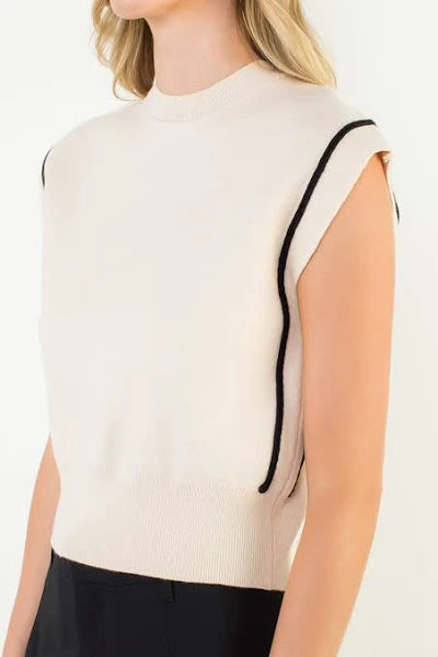 THML CREAM SLEEVELESS DROP SHOULDER TOP BLACK PIPING