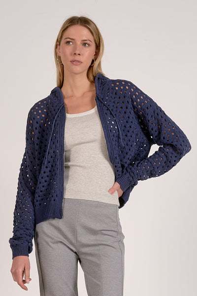 ELAN AVA BLUE OPEN KNIT ZIP HOODED CARDIGAN