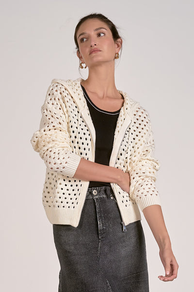 ELAN AVA OFF WHITE OPEN KNIT ZIP HOODED CARDIGAN