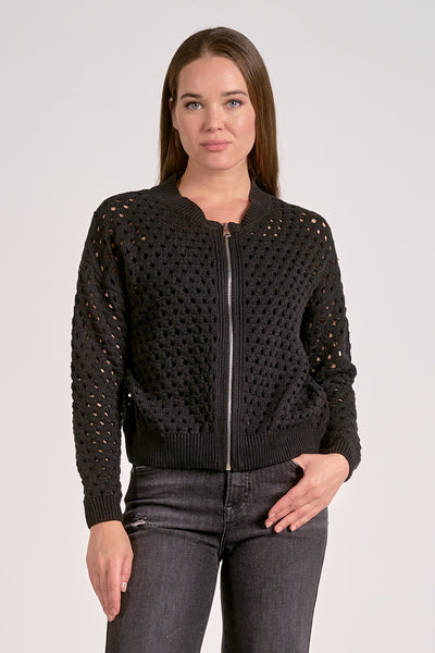 ELAN BLACK OPEN KNIT ZIP CARDIGAN SWEATER