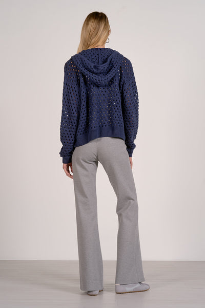 ELAN AVA BLUE OPEN KNIT ZIP HOODED CARDIGAN