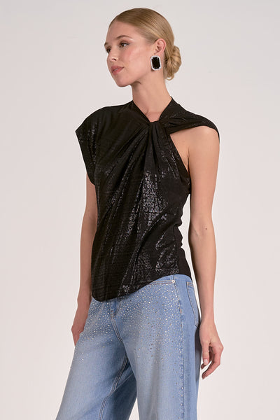 ELAN BLACK SHORT SLEEVE TWIST SHOULDER TOP