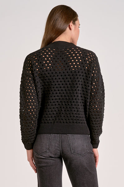 ELAN BLACK OPEN KNIT ZIP CARDIGAN SWEATER