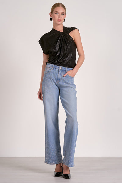 ELAN BLACK SHORT SLEEVE TWIST SHOULDER TOP