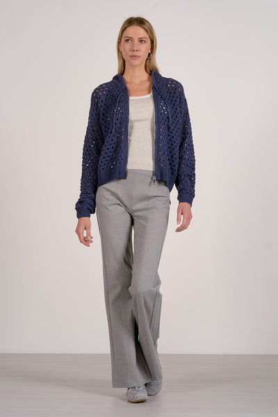 ELAN AVA BLUE OPEN KNIT ZIP HOODED CARDIGAN