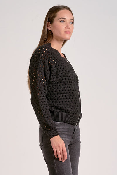 ELAN BLACK OPEN KNIT ZIP CARDIGAN SWEATER