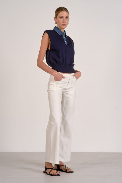 ELAN NAVY CAP SLEEVE KNIT WITH CONTRAST DENIM COLLAR