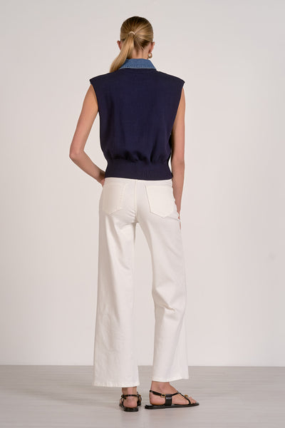 ELAN NAVY CAP SLEEVE KNIT WITH CONTRAST DENIM COLLAR