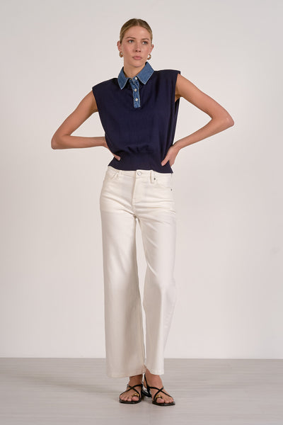 ELAN NAVY CAP SLEEVE KNIT WITH CONTRAST DENIM COLLAR