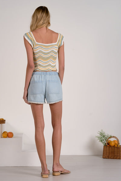 ELAN LIGHT BLUE DRAWSTRING SHORTS FRAYED HEM