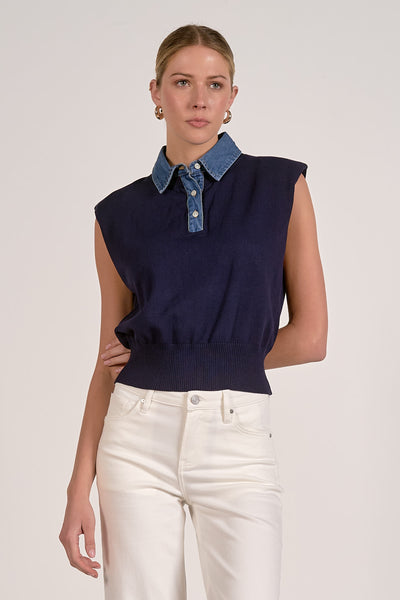 ELAN NAVY CAP SLEEVE KNIT WITH CONTRAST DENIM COLLAR