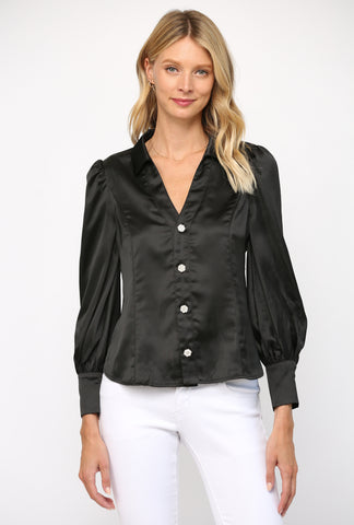 FATE BLACK SATIN V NECK BLOUSE W PEARL BUTTONS
