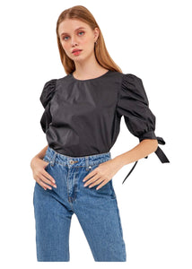 ENGLISH FACTORY BLACK BOW BANDED PUFF SLEEVE BLOUSE